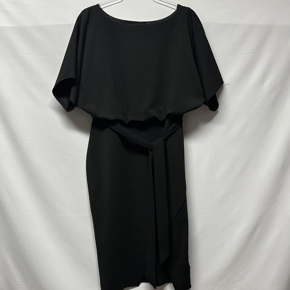 Boohoo Black Double Layer Batwing Midi Dress Tie Waist 14 - Picture 2 of 4